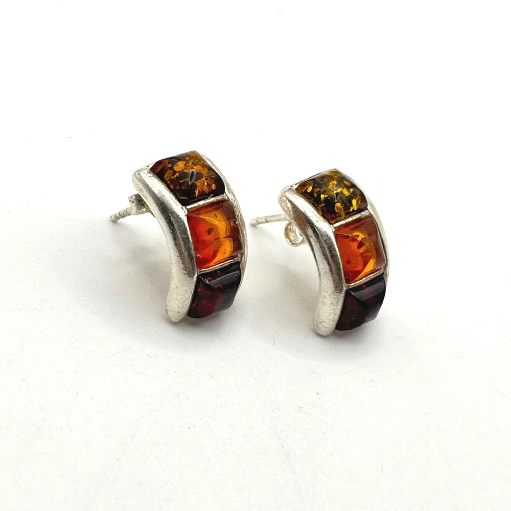 Sterling Silver‎ Baltic Amber J-Hoop Post Earrings Made in Poland Multi Color